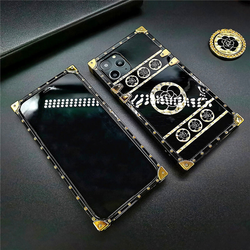 Luxury Brand Black Rose Flower Stripe Glitter Gold Square Case For Samsung Galaxy - {{ shop_name}} Varyfun
