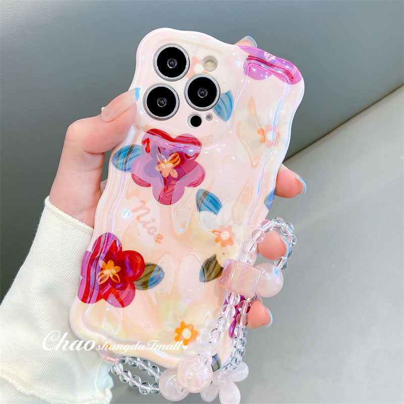 3D Colorful Oil Painting Exquisite Flower Graffiti Case For iPhone With Bracelet - mycasety2023 Mycasety