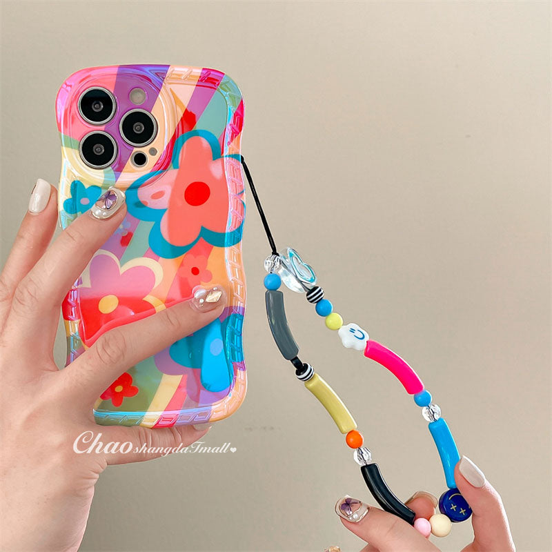3D Colorful Oil Painting Exquisite Flower Graffiti Case For iPhone With Bracelet - mycasety2023 Mycasety