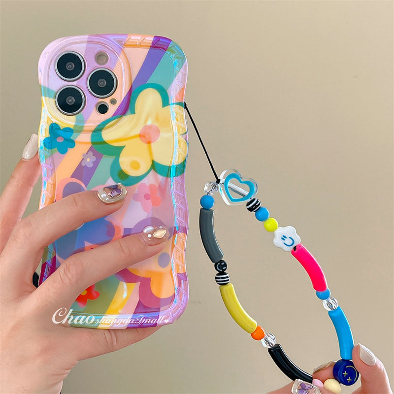 3D Colorful Oil Painting Exquisite Flower Graffiti Case For iPhone With Bracelet - mycasety2023 Mycasety