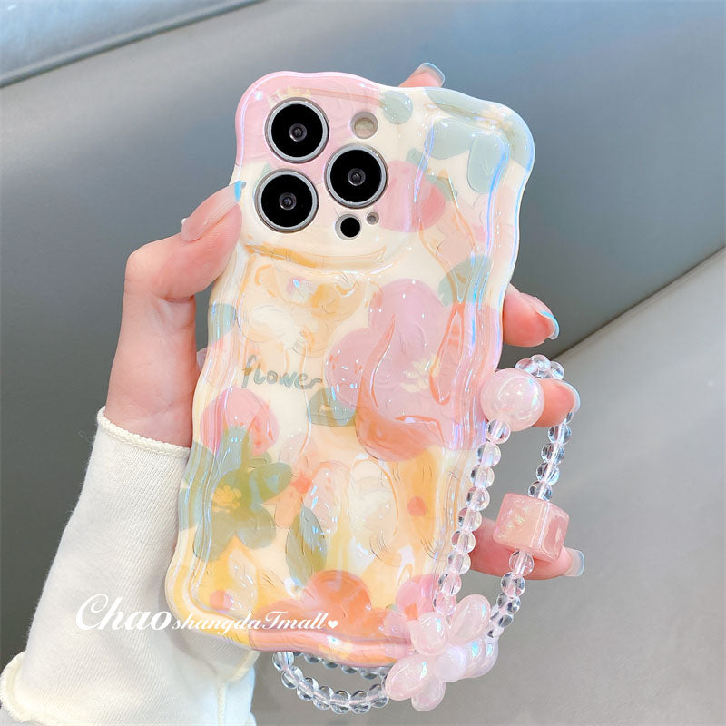 3D Colorful Oil Painting Exquisite Flower Graffiti Case For iPhone With Bracelet - mycasety2023 Mycasety