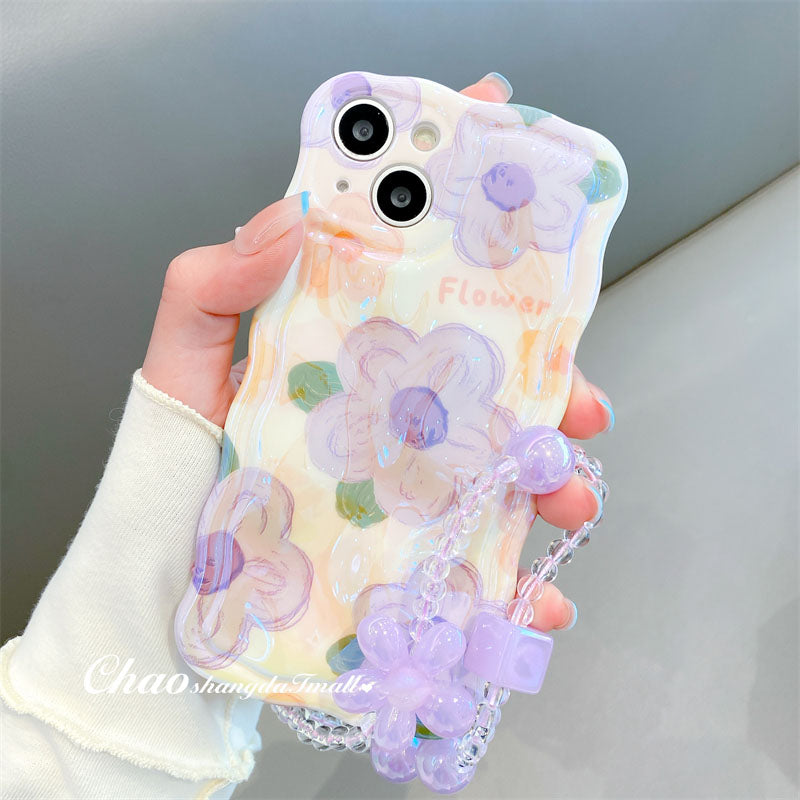 3D Colorful Oil Painting Exquisite Flower Graffiti Case For iPhone With Bracelet - mycasety2023 Mycasety