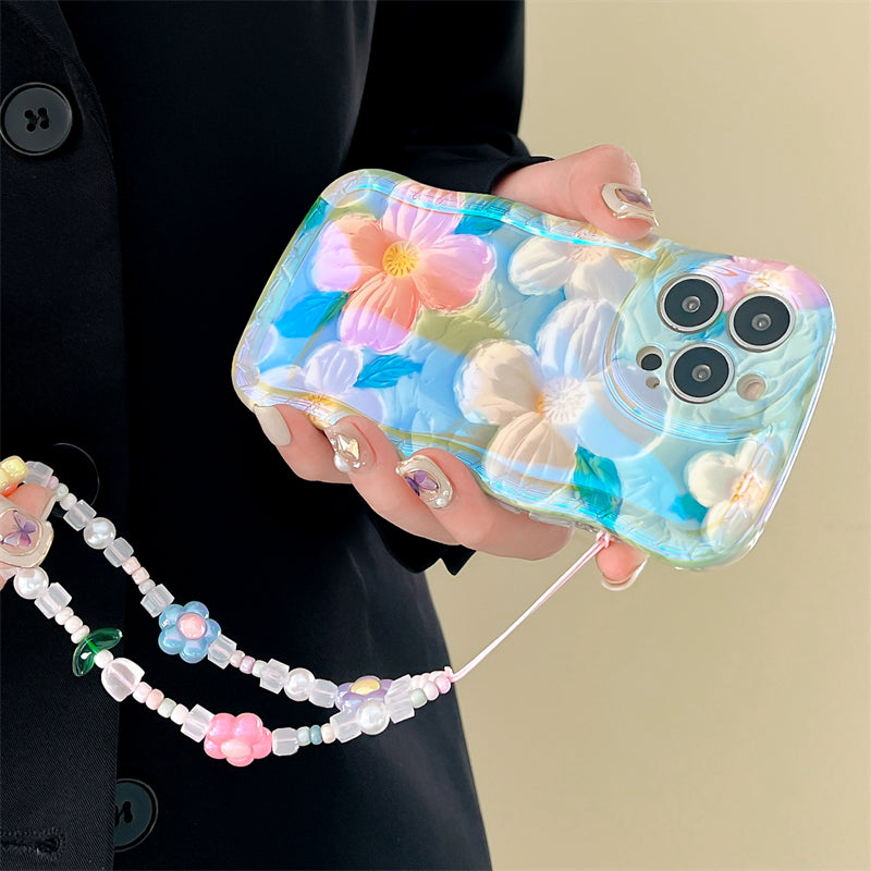 3D Colorful Oil Painting Exquisite Flower Graffiti Case For iPhone With Bracelet - mycasety2023 Mycasety