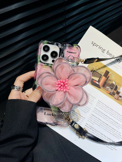Icy Black Pink Flower Wristband iPhone Case with Messenger Strap - mycasety2023 Mycasety