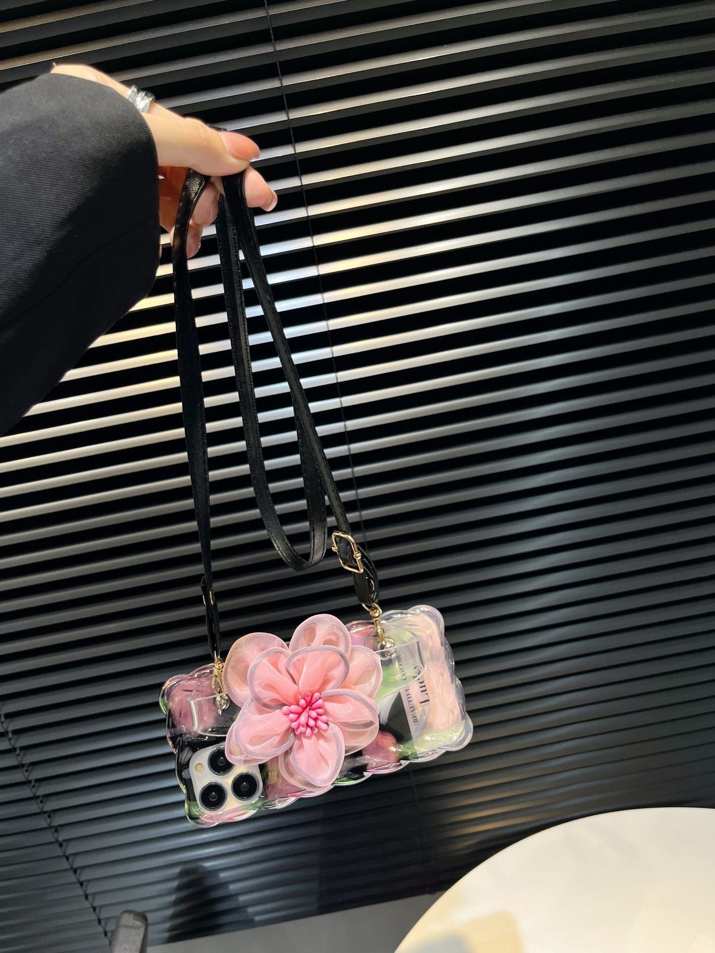 Icy Black Pink Flower Wristband iPhone Case with Messenger Strap - mycasety2023 Mycasety