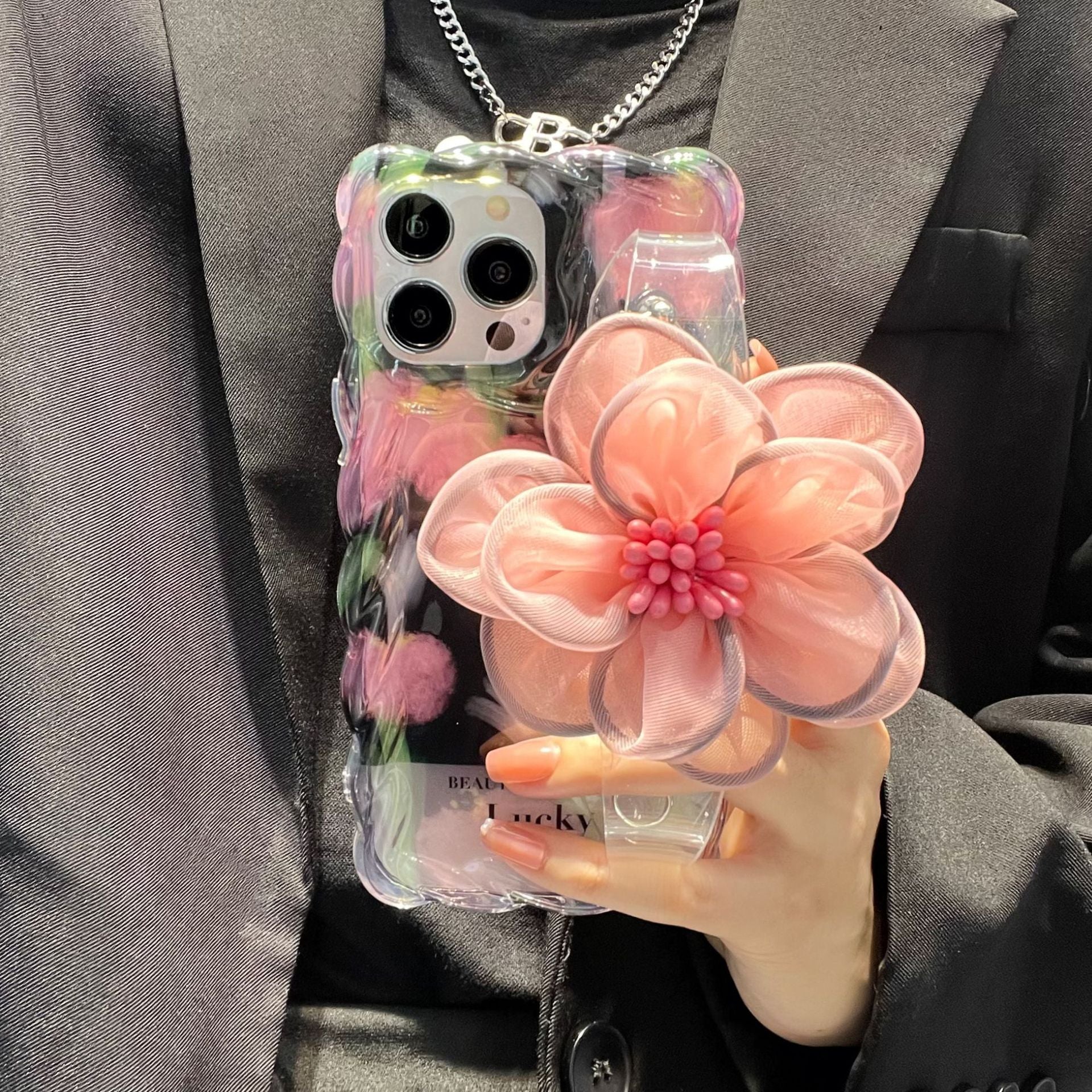 Icy Black Pink Flower Wristband iPhone Case with Messenger Strap - mycasety2023 Mycasety
