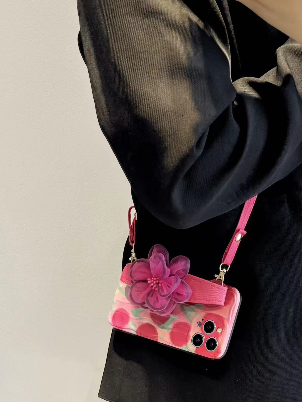 Icy Black Pink Flower Wristband iPhone Case with Messenger Strap - mycasety2023 Mycasety