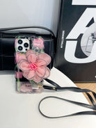 Icy Black Pink Flower Wristband iPhone Case with Messenger Strap - mycasety2023 Mycasety