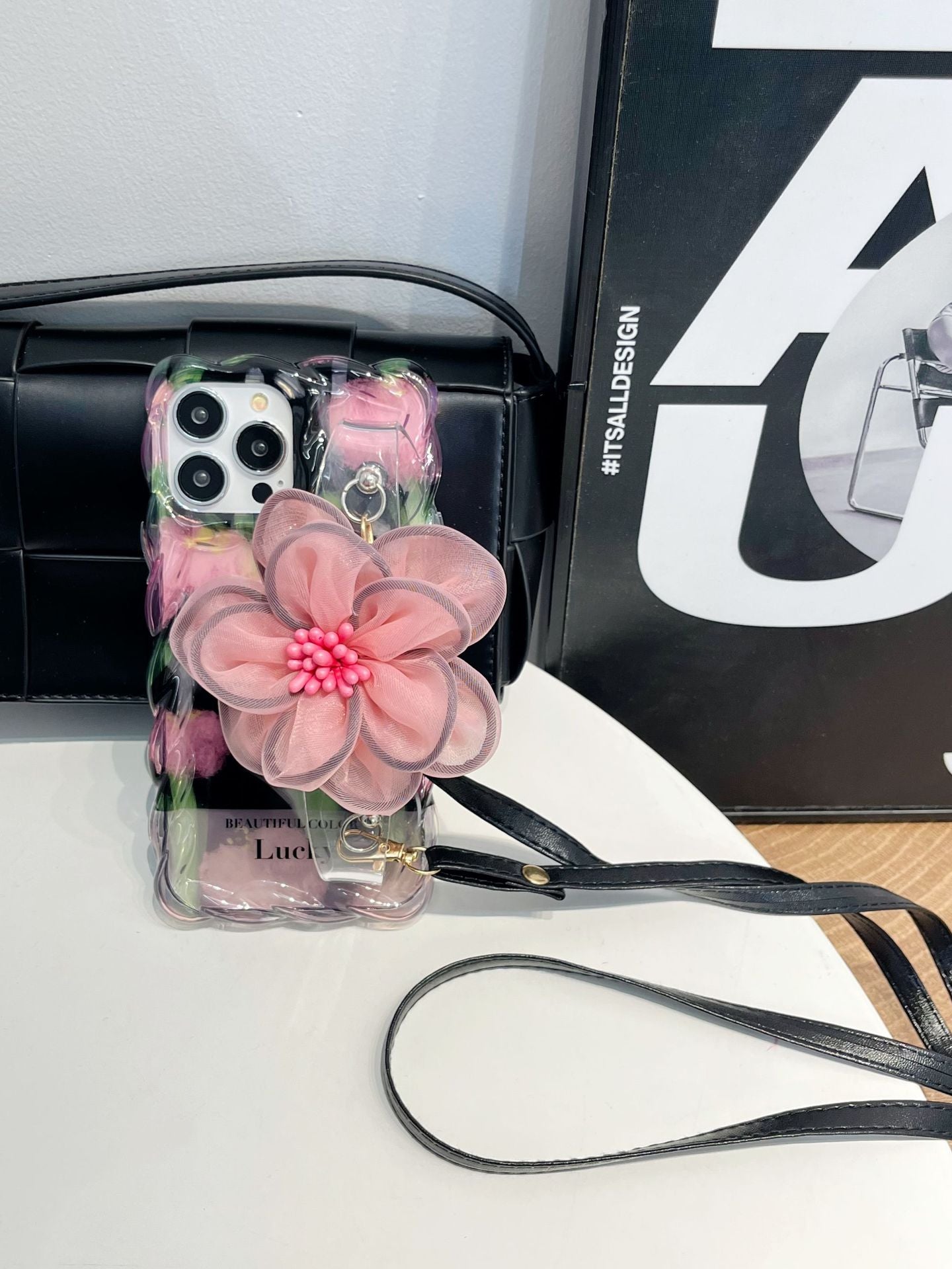 Icy Black Pink Flower Wristband iPhone Case with Messenger Strap - mycasety2023 Mycasety