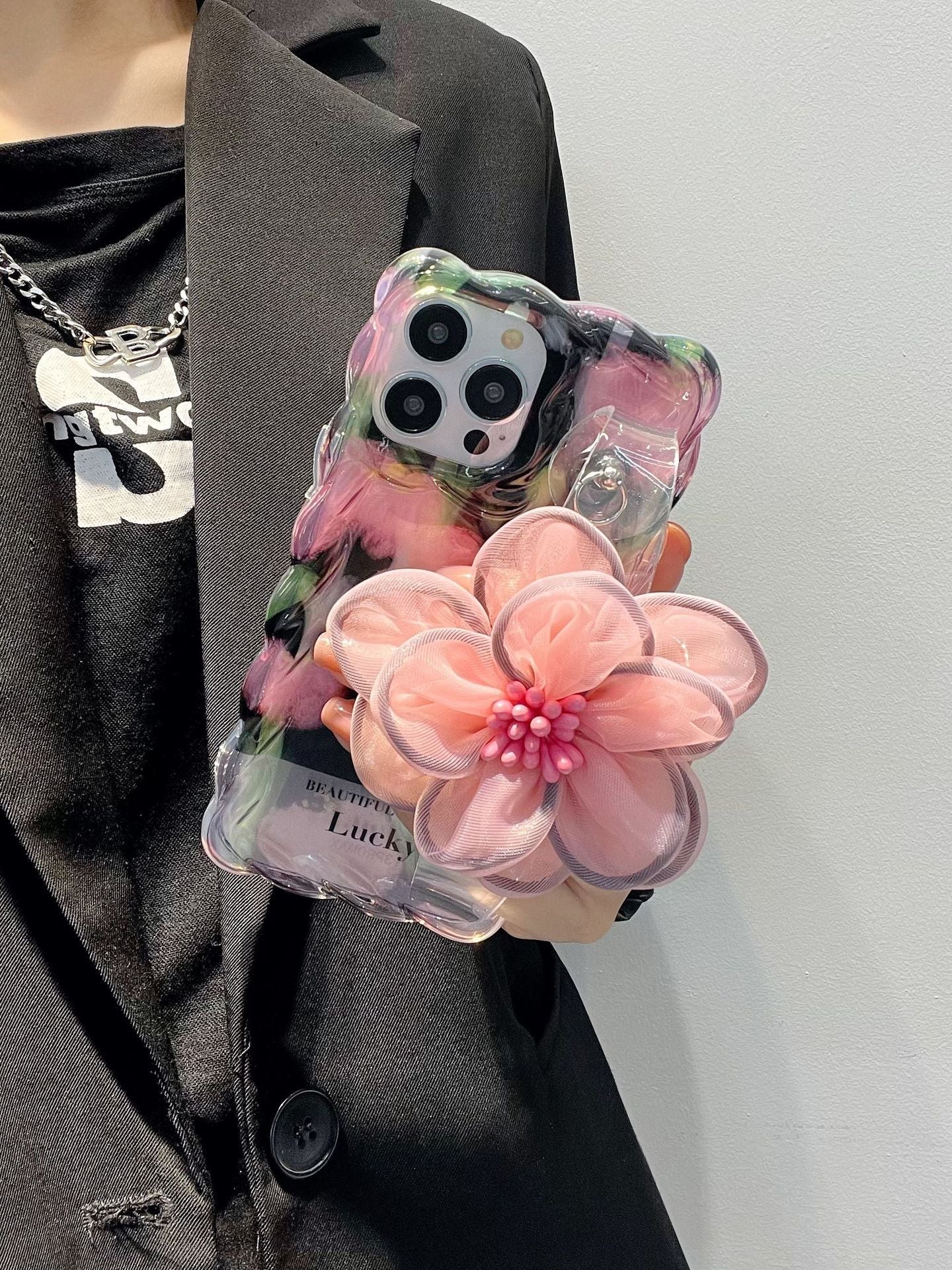 Icy Black Pink Flower Wristband iPhone Case with Messenger Strap - mycasety2023 Mycasety