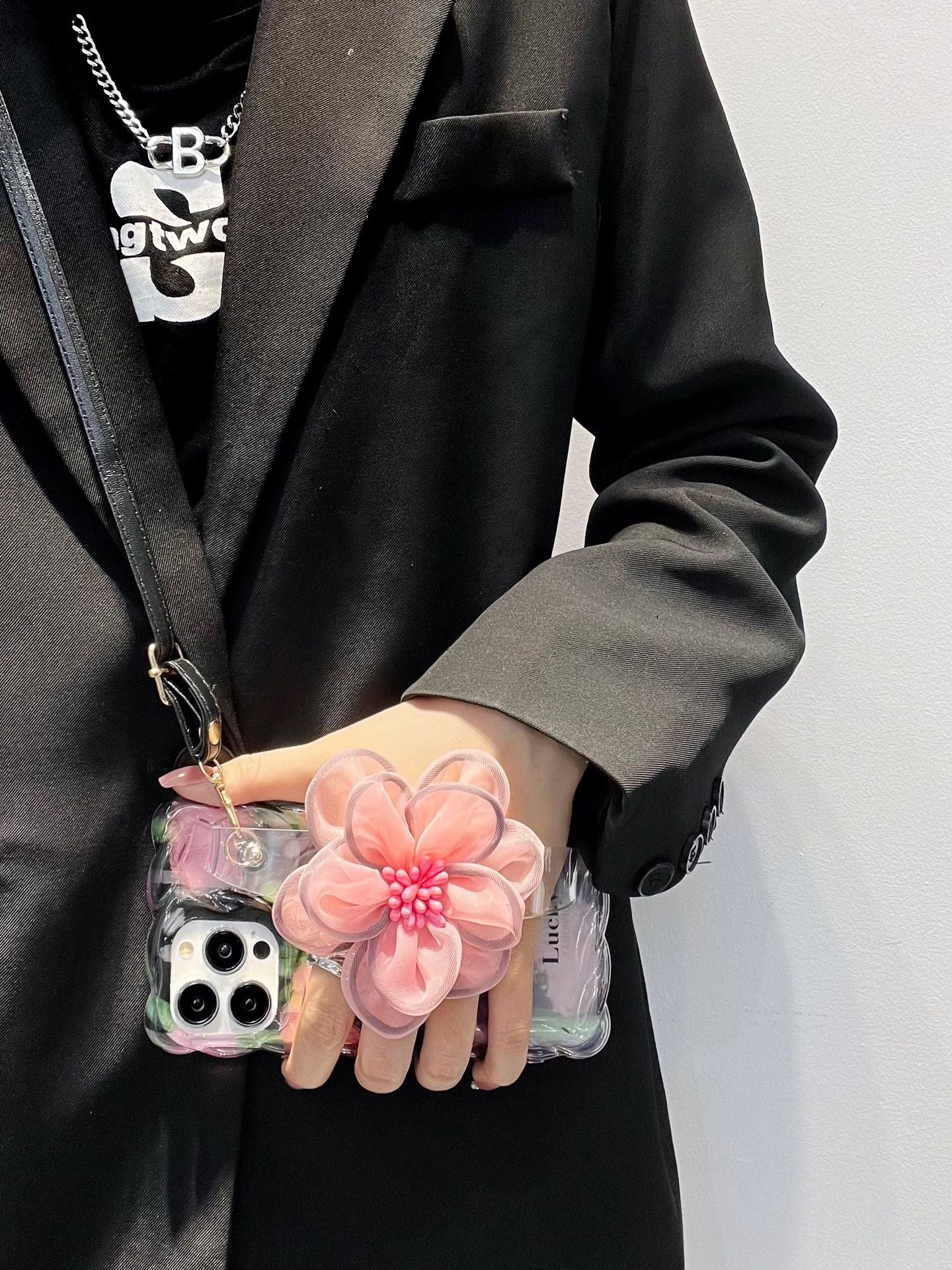 Icy Black Pink Flower Wristband iPhone Case with Messenger Strap - mycasety2023 Mycasety