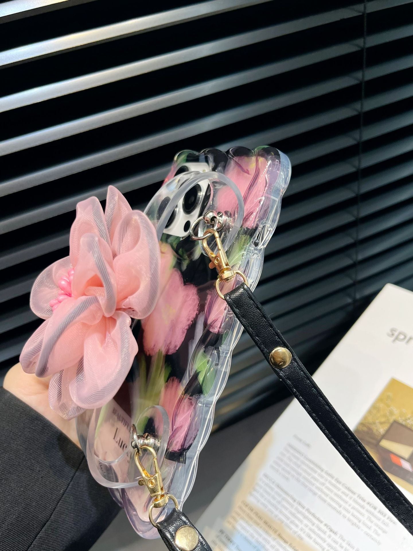 Icy Black Pink Flower Wristband iPhone Case with Messenger Strap - mycasety2023 Mycasety