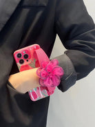 Icy Black Pink Flower Wristband iPhone Case with Messenger Strap - mycasety2023 Mycasety
