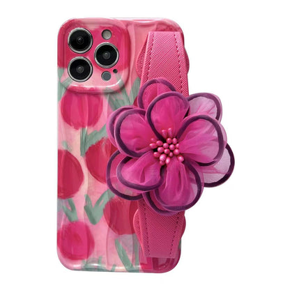 Icy Black Pink Flower Wristband iPhone Case with Messenger Strap - mycasety2023 Mycasety
