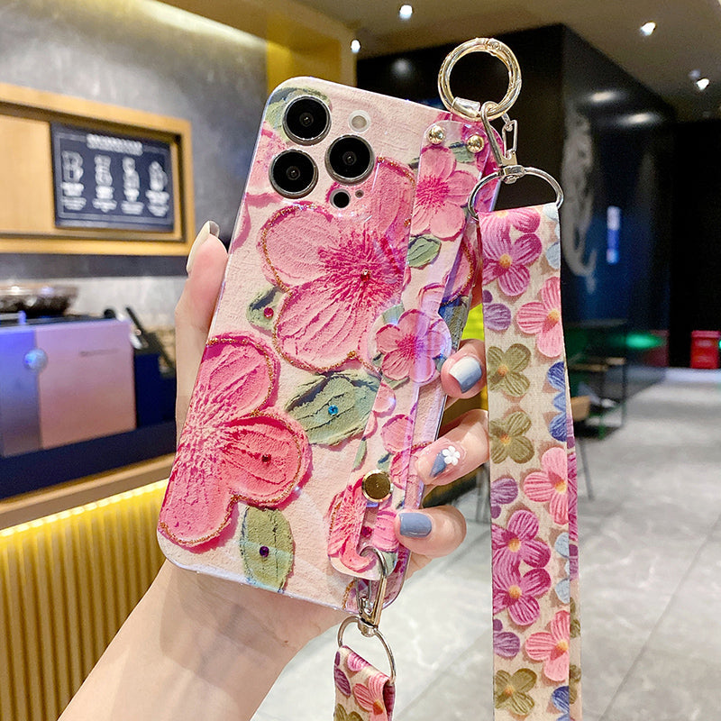 New Oil Painting Flower Wristband iPhone Case with Messenger Rope - mycasety2023 Mycasety