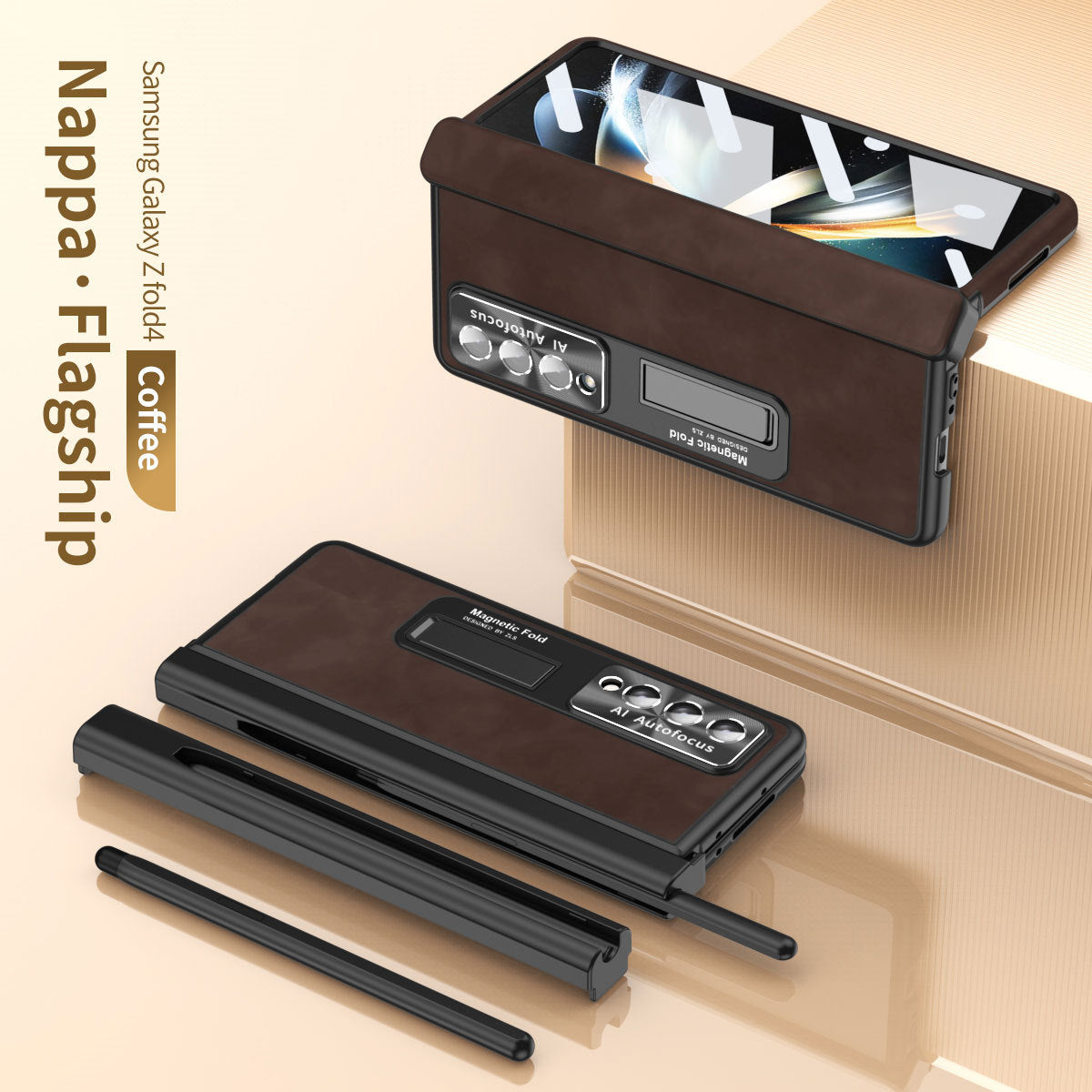 Luxury Nappa Leather Cover Magnetic Hinge Folding Shell Case For Samsung Galaxy Z Fold3 Fold4 Fold5 With S-Pen Slot & Stylus - mycasety2023 Mycasety