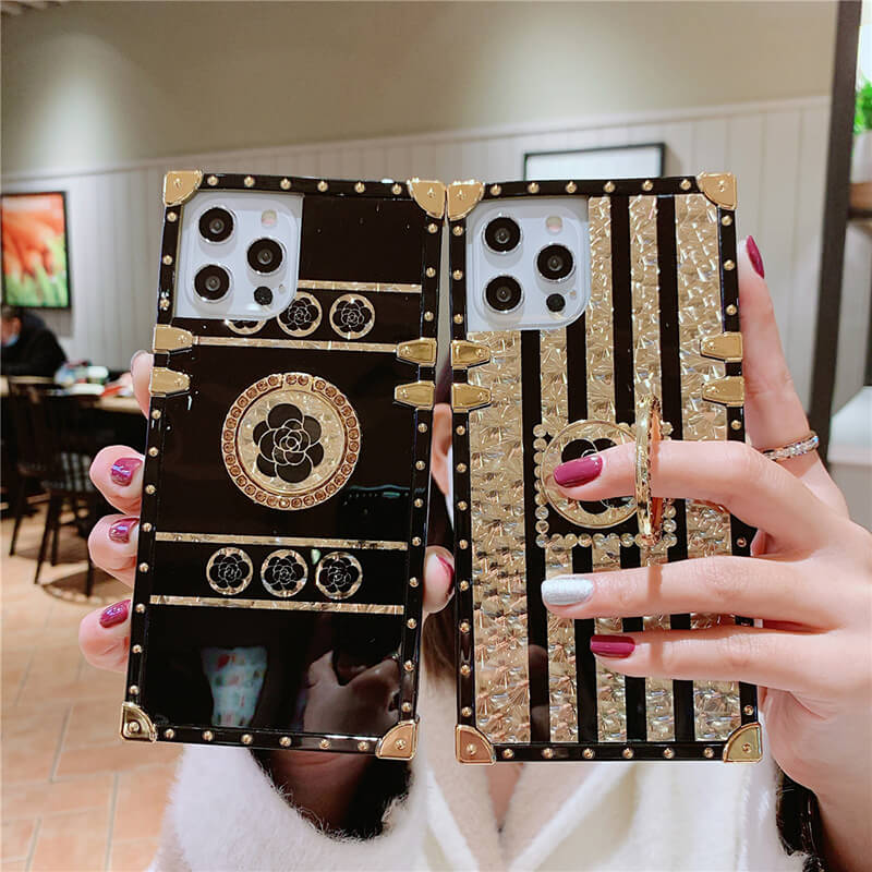 Luxury Brand Black Rose Flower Stripe Glitter Gold Square Case For Samsung Galaxy - {{ shop_name}} Varyfun