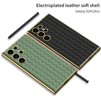 Woven Texture Electroplated Leather Phone Case For Samsung S24 S23 Ultra Plus