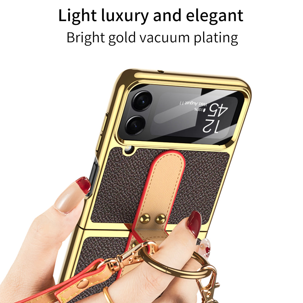 Luxury Leather Back Screen Tempered Glass Hard Frame Cover For Samsung Galaxy Z Flip4 Flip3 5G With Lanyard - {{ shop_name}} varyfun
