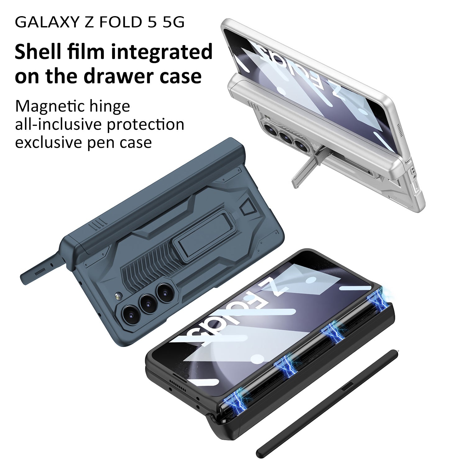 Armor All-included Magnetic Hinge Slide Pen Case Holder Phone Case With Back Screen Protector For Samsung Galaxy Z Fold3 Fold4 Fold5 - mycasety2023 Mycasety