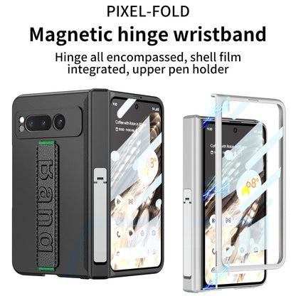 Magnetic Folding All-inclusive Leather Wristband Case With Tempered Film For Google Pixel Fold With Damped Folding Bracket
