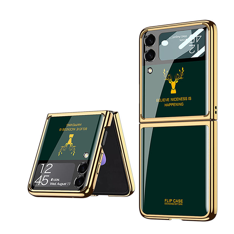 2022 Luxury Deer Pattern Electroplating Tempered Glass Case For Samsung Galaxy Z Flip 3 5G - {{ shop_name}} varyfun