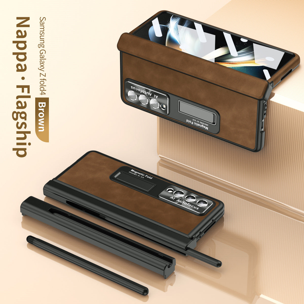 Luxury Nappa Leather Cover Magnetic Hinge Folding Shell Case For Samsung Galaxy Z Fold3 Fold4 Fold5 With S-Pen Slot & Stylus - mycasety2023 Mycasety