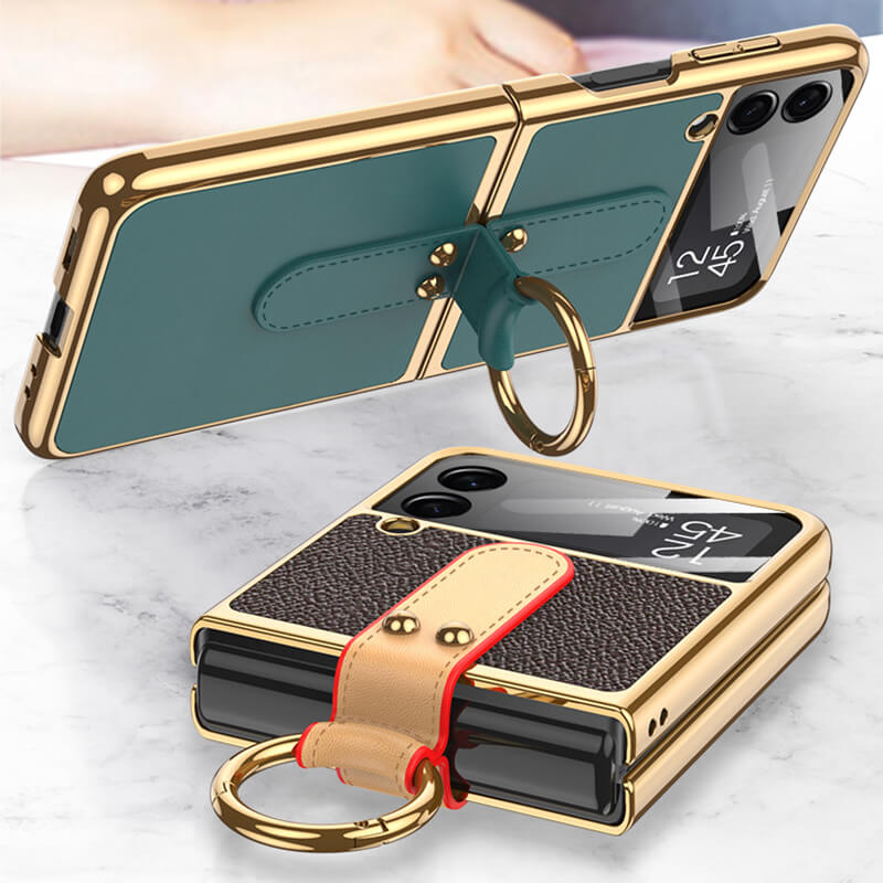 2022 Luxury Leather Back Screen Tempered Glass Hard Frame Cover For Samsung Galaxy Z Flip 3 5G With Lanyard - {{ shop_name}} varyfun