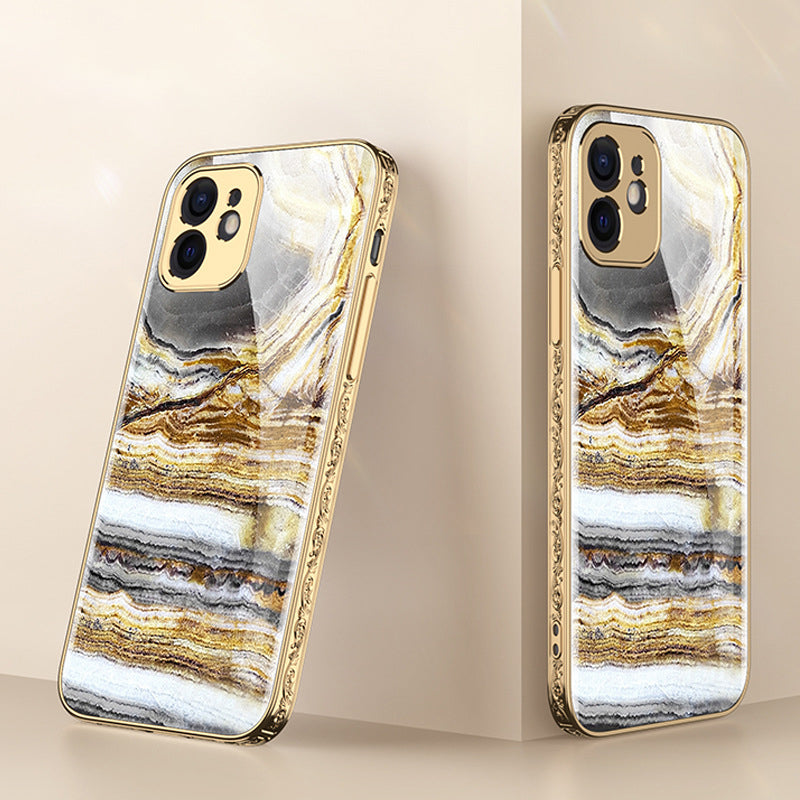 Luxury Baroque Marble Pattern Plating Anti-knock Protection Tempered Glass Case For iPhone - {{ shop_name}} varyfun