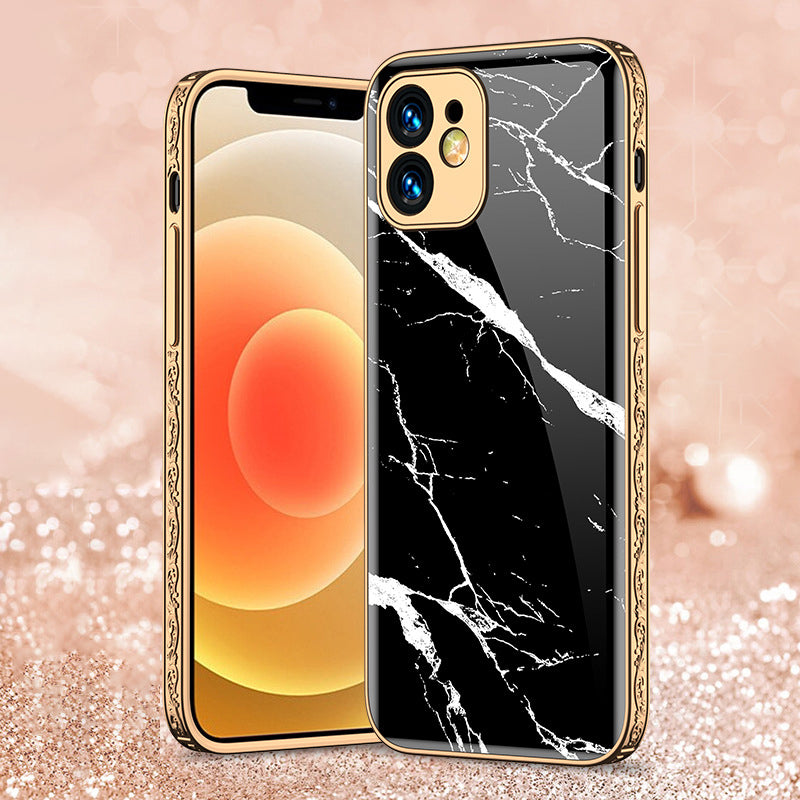 Luxury Baroque Marble Pattern Plating Anti-knock Protection Tempered Glass Case For iPhone - {{ shop_name}} varyfun