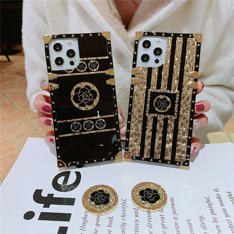 Luxury Brand Black Rose Flower Stripe Glitter Gold Square Case For Samsung Galaxy - {{ shop_name}} Varyfun