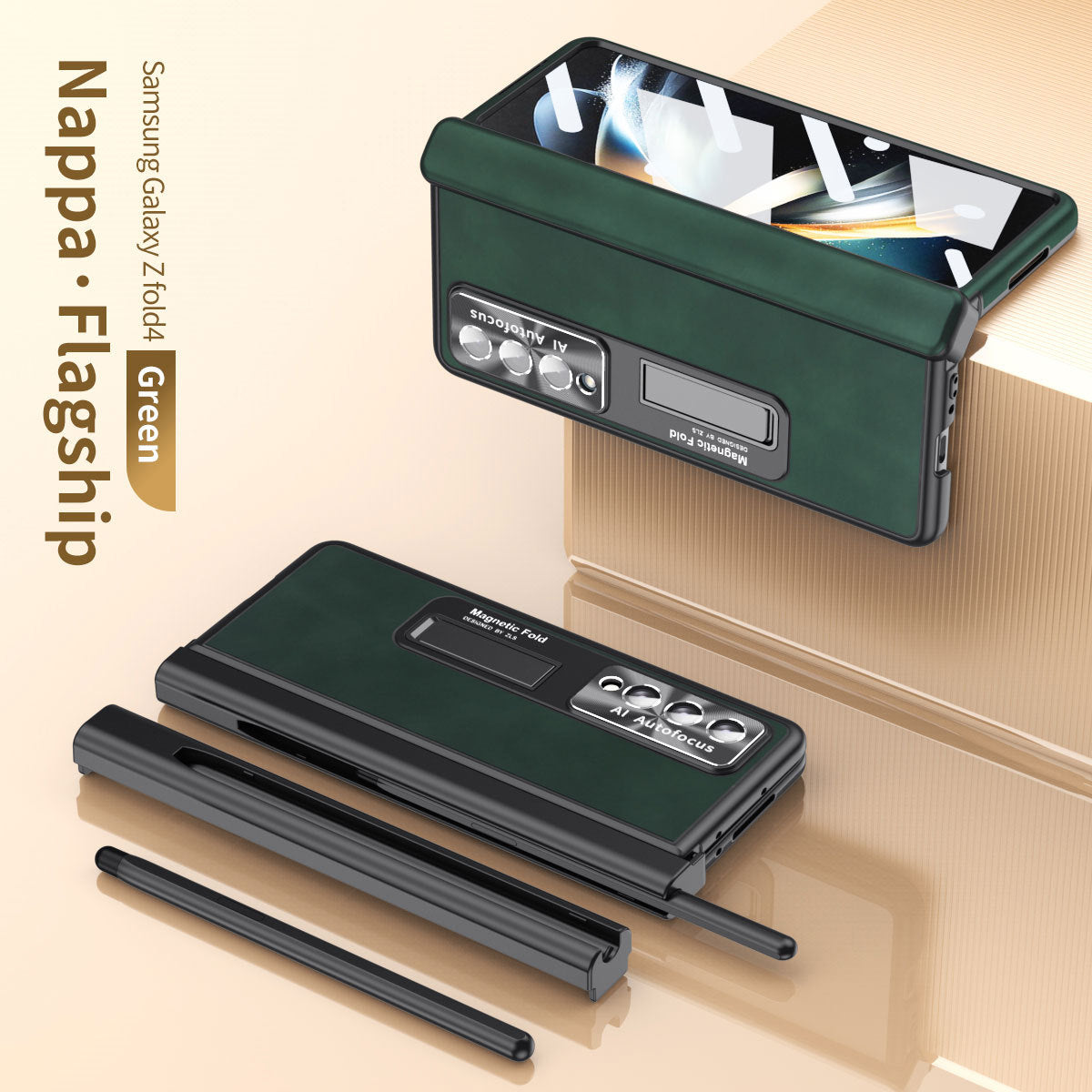 Luxury Nappa Leather Cover Magnetic Hinge Folding Shell Case For Samsung Galaxy Z Fold3 Fold4 Fold5 With S-Pen Slot & Stylus - mycasety2023 Mycasety