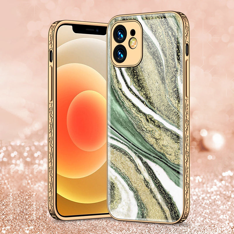 Luxury Baroque Marble Pattern Plating Anti-knock Protection Tempered Glass Case For iPhone - {{ shop_name}} varyfun