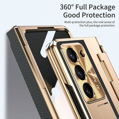 Luxury Leather Magnetic Bracket Shell Electroplated Phone Case For Samsung Galaxy Z Fold3/4/5 With Back Screen Glass - mycasety2023 Mycasety