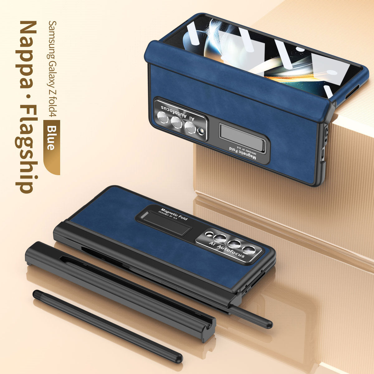Luxury Nappa Leather Cover Magnetic Hinge Folding Shell Case For Samsung Galaxy Z Fold3 Fold4 Fold5 With S-Pen Slot & Stylus - mycasety2023 Mycasety