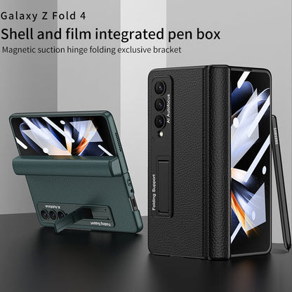Magnetic Hinge Holder Protective Pen Case Leather Phone Case With Back Screen Glass For Samsung Galaxy Z Fold3 Fold4 Fold5 5G - mycasety2023 Mycasety