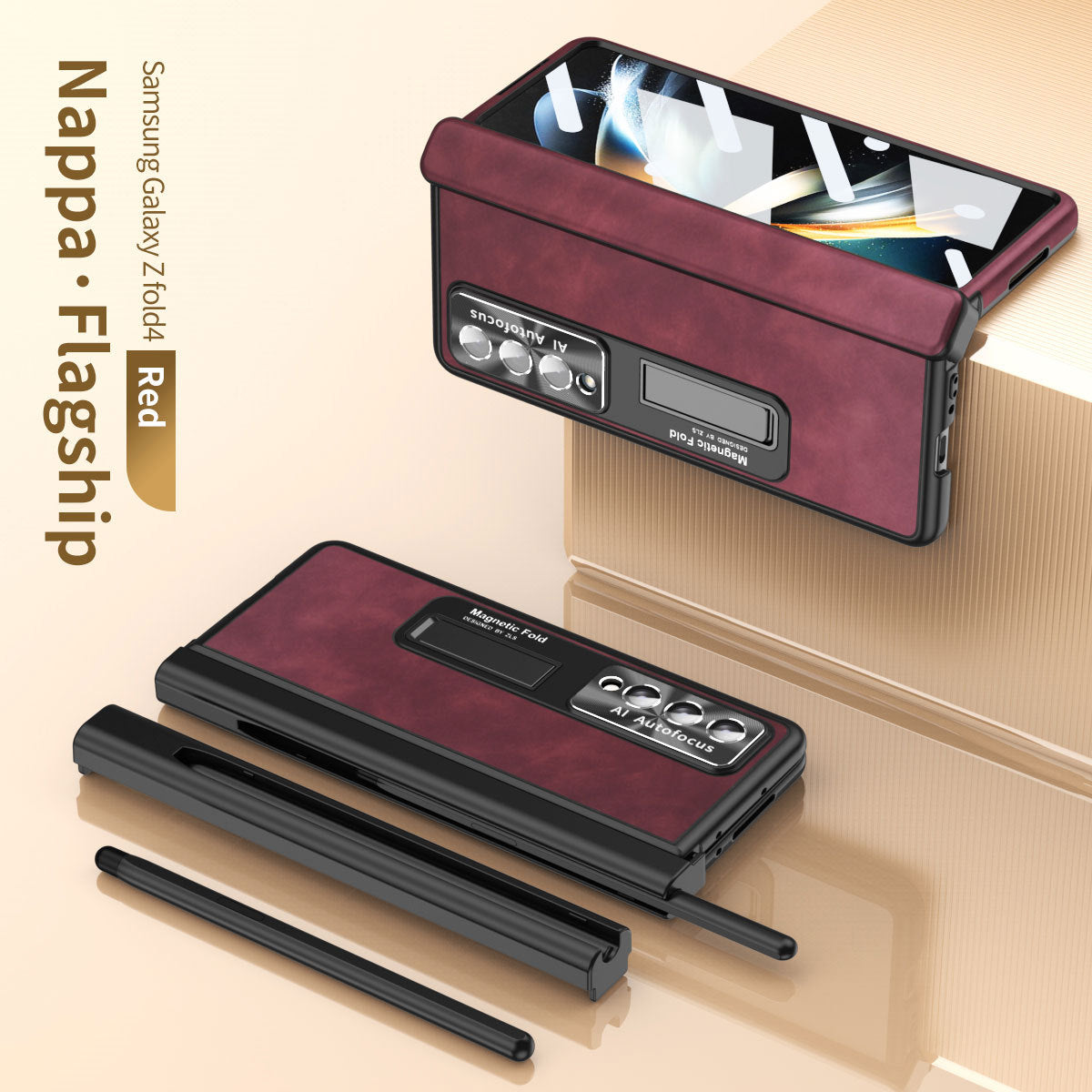 Luxury Nappa Leather Cover Magnetic Hinge Folding Shell Case For Samsung Galaxy Z Fold3 Fold4 Fold5 With S-Pen Slot & Stylus - mycasety2023 Mycasety