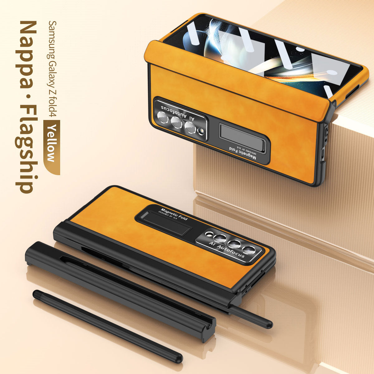 Luxury Nappa Leather Cover Magnetic Hinge Folding Shell Case For Samsung Galaxy Z Fold3 Fold4 Fold5 With S-Pen Slot & Stylus - mycasety2023 Mycasety