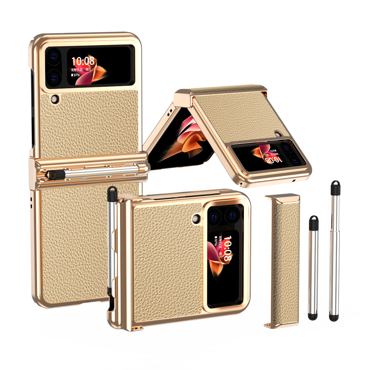 Luxury Leather Case For Samsung Galaxy Z Flip3(4) With Double Hinge + Retractable Stylus - {{ shop_name}} varyfun