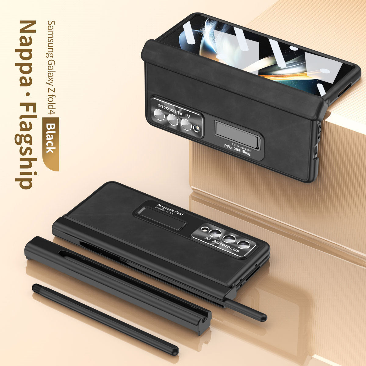Luxury Nappa Leather Cover Magnetic Hinge Folding Shell Case For Samsung Galaxy Z Fold3 Fold4 Fold5 With S-Pen Slot & Stylus - mycasety2023 Mycasety
