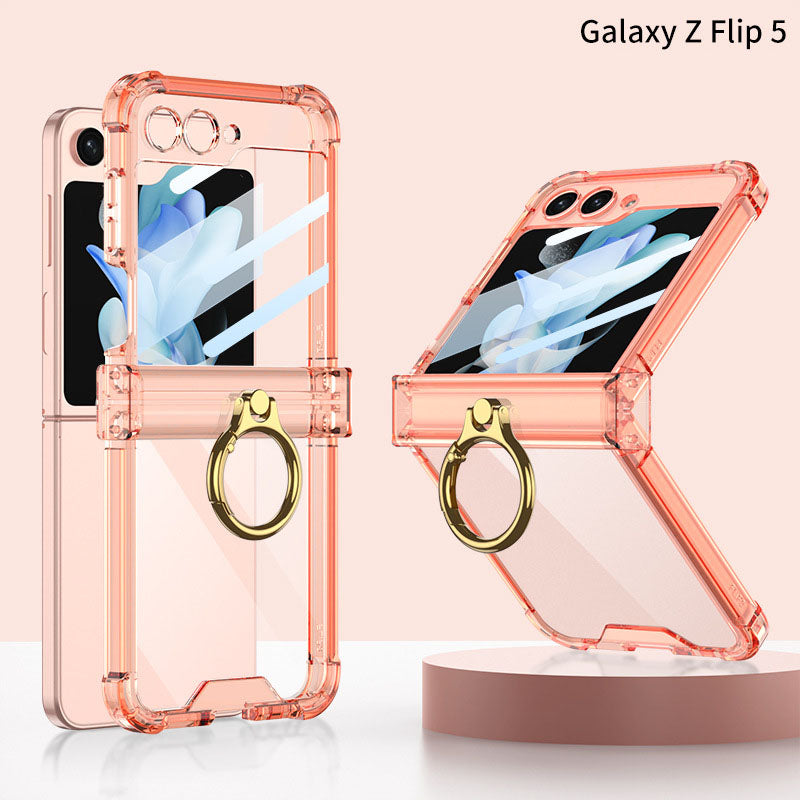 Samsung Galaxy Z Flip 5 Hinge Full Coverage Airbag Phone Case with Ring Front Screen Tempered Glass Protector - mycasety2023 Mycasety