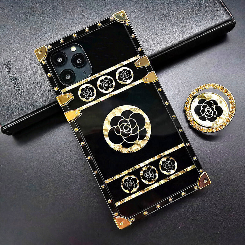Luxury Brand Black Rose Flower Stripe Glitter Gold Square Case For Samsung Galaxy - {{ shop_name}} Varyfun