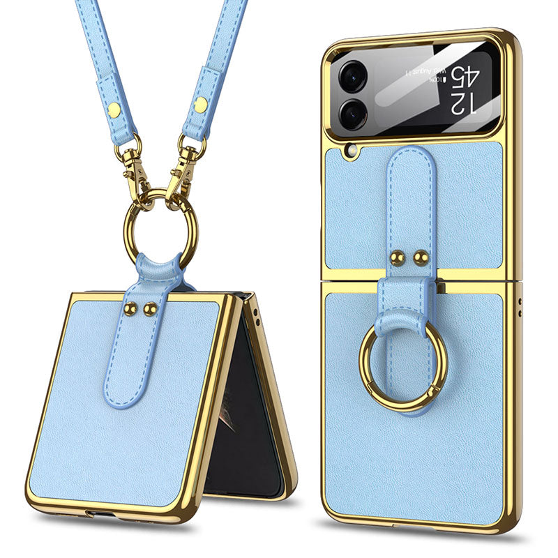 Luxury Leather Back Screen Tempered Glass Hard Frame Cover For Samsung Galaxy Z Flip4 Flip3 5G With Lanyard - {{ shop_name}} varyfun