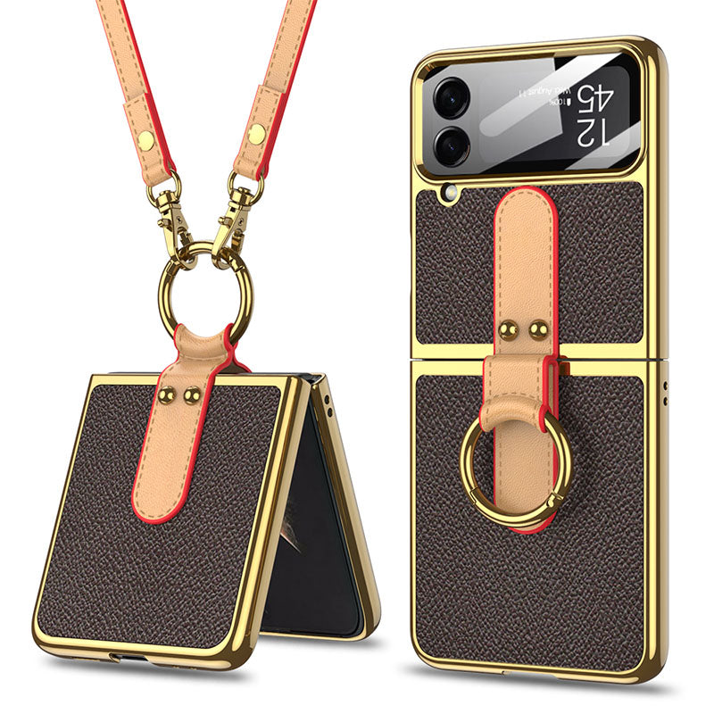 Luxury Leather Back Screen Tempered Glass Hard Frame Cover For Samsung Galaxy Z Flip4 Flip3 5G With Lanyard - {{ shop_name}} varyfun