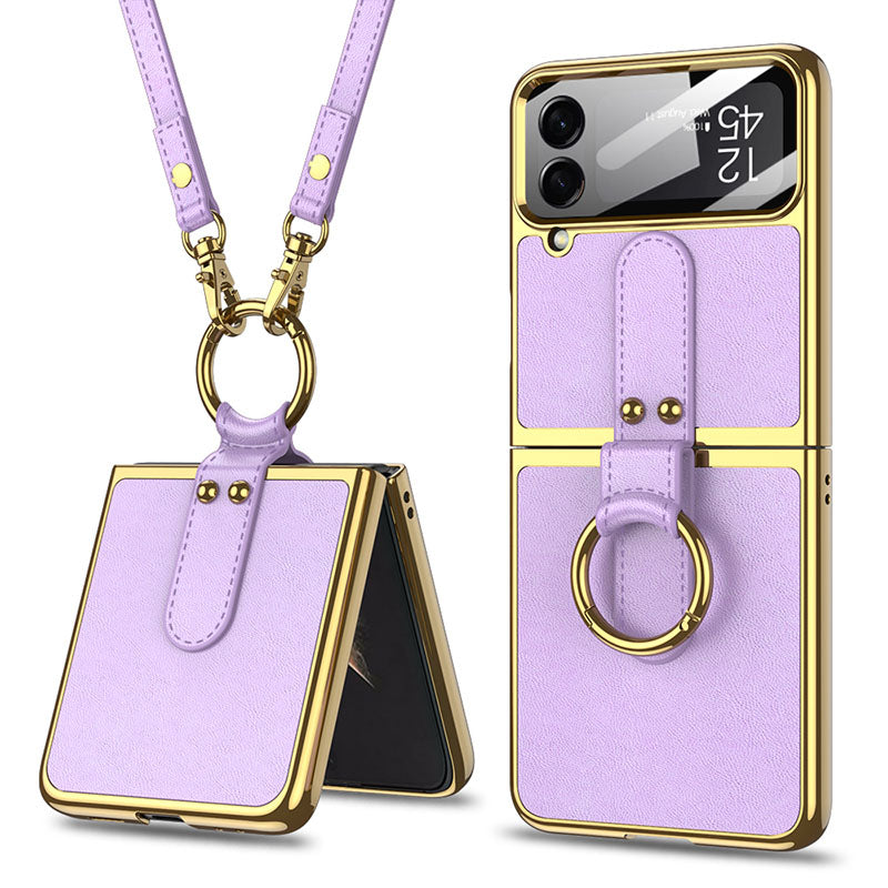 Luxury Leather Back Screen Tempered Glass Hard Frame Cover For Samsung Galaxy Z Flip4 Flip3 5G With Lanyard - {{ shop_name}} varyfun