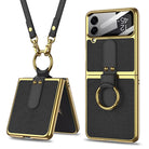 Luxury Leather Back Screen Tempered Glass Hard Frame Cover For Samsung Galaxy Z Flip4 Flip3 5G With Lanyard - {{ shop_name}} varyfun