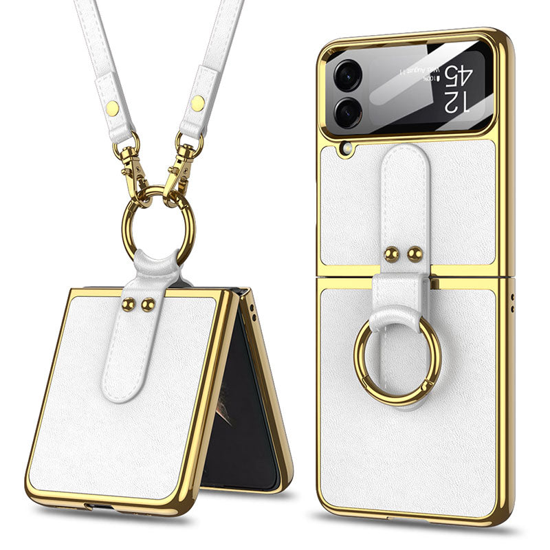 Luxury Leather Back Screen Tempered Glass Hard Frame Cover For Samsung Galaxy Z Flip4 Flip3 5G With Lanyard - {{ shop_name}} varyfun