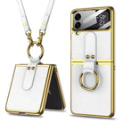Luxury Leather Back Screen Tempered Glass Hard Frame Cover For Samsung Galaxy Z Flip4 Flip3 5G With Lanyard - {{ shop_name}} varyfun