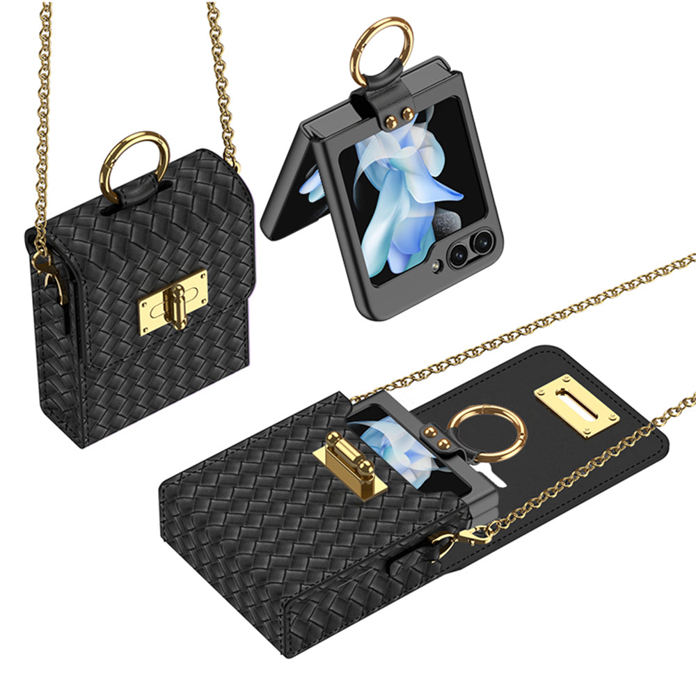 Luxury Leather Mini Phone Bag with Gold Chain For Samsung Galaxy Z Flip5 Flip4 Flip3 - mycasety2023 Mycasety