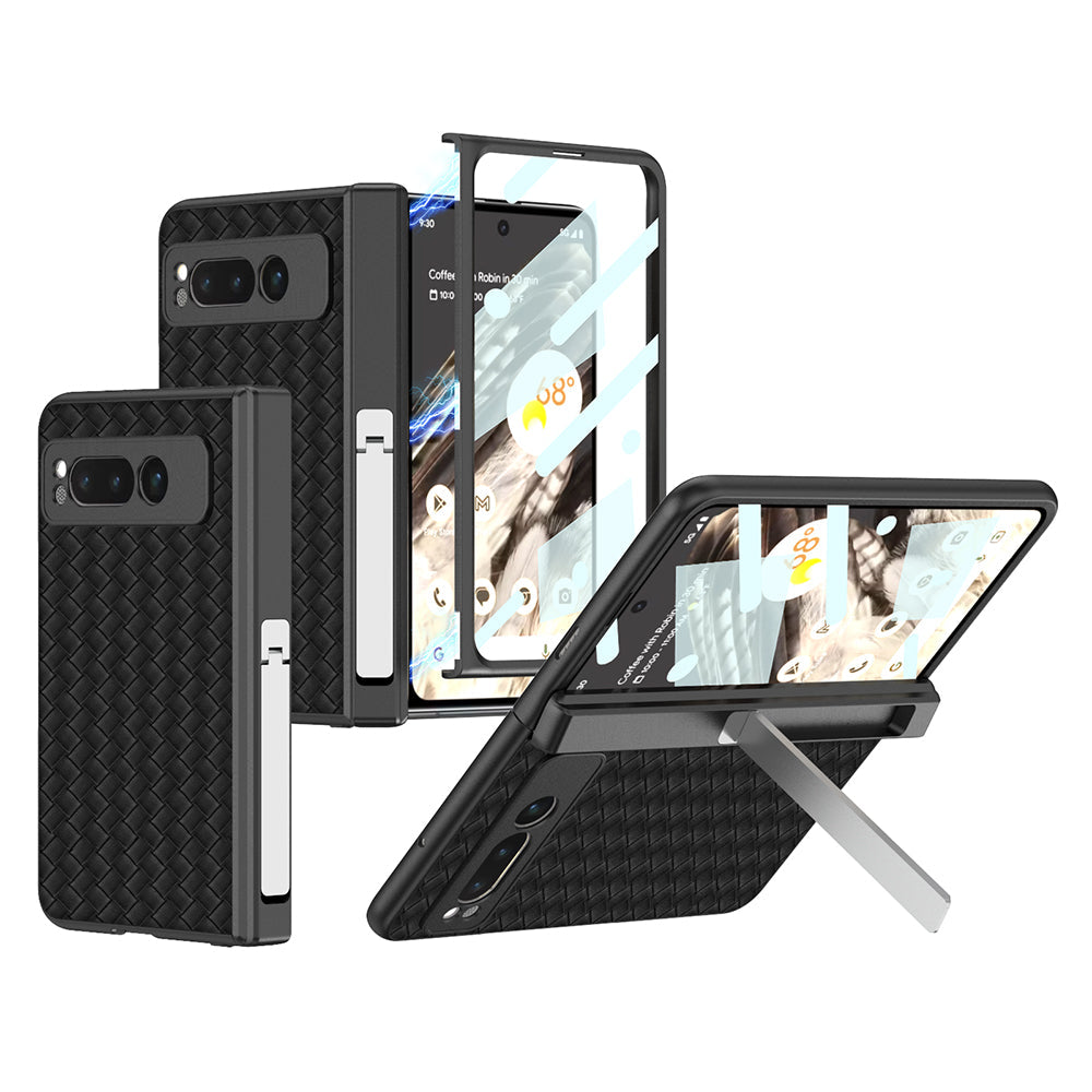 Magnetic All-inclusive Woven Pattern Case With Tempered Film For Google Pixel Fold With Damped Folding Bracket